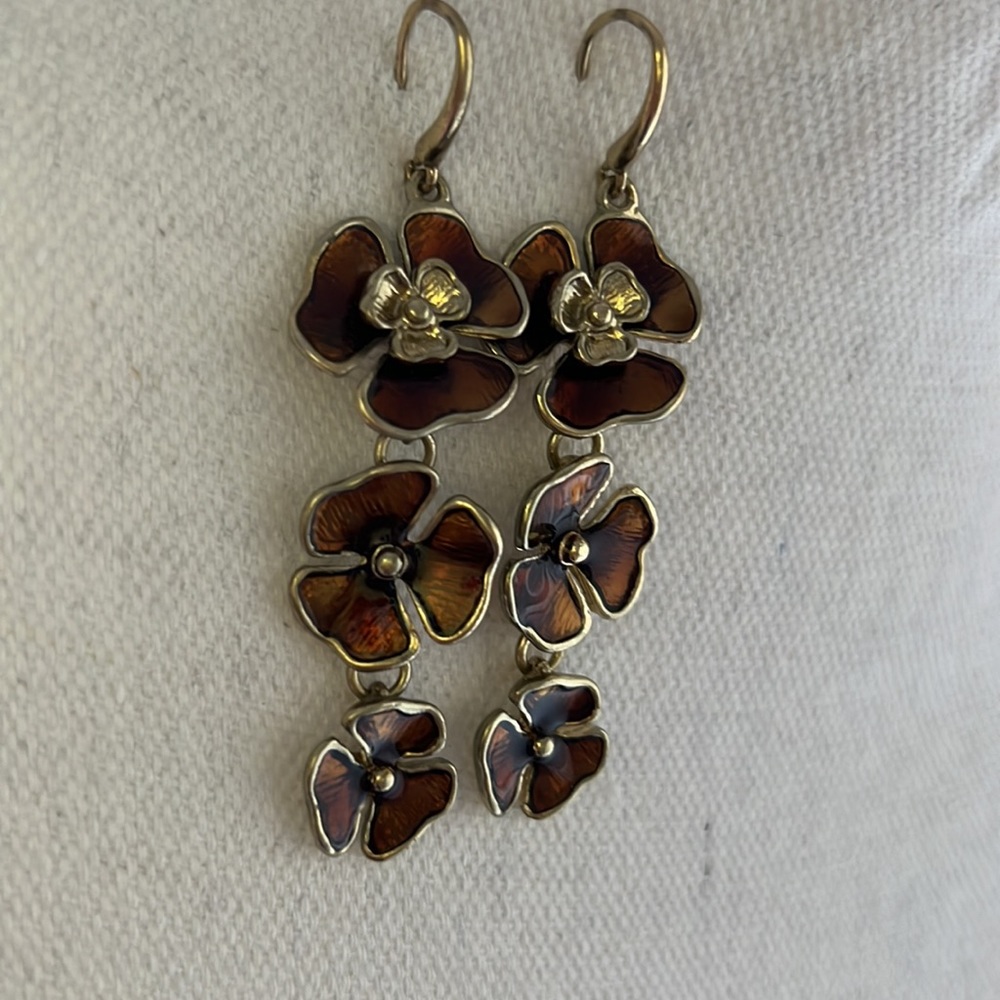 Gold and brown enameled hibiscus earrings for pierced ears 3” drop from hooks
